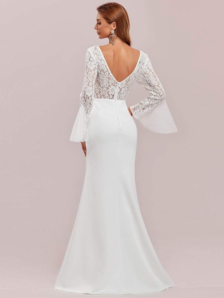 Color=Cream | Elegant Deep V Lace Long Sleeve Mermaid Wedding Dress-Cream 5