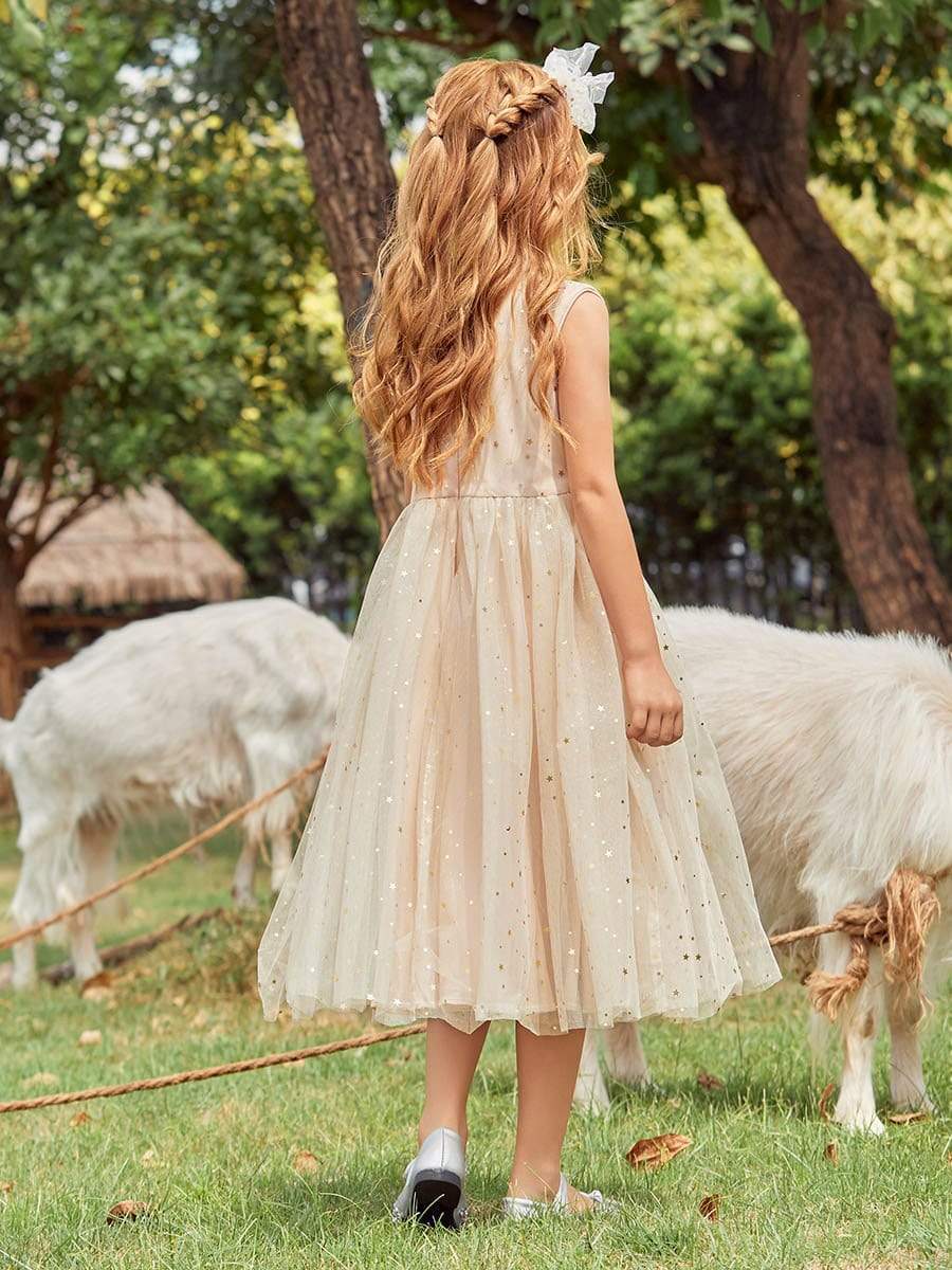 Color=Blush | Sweet Round Neck Sleeveless Tulle & Sequin Flower Girl Dress With Ruched Belt-Blush 2