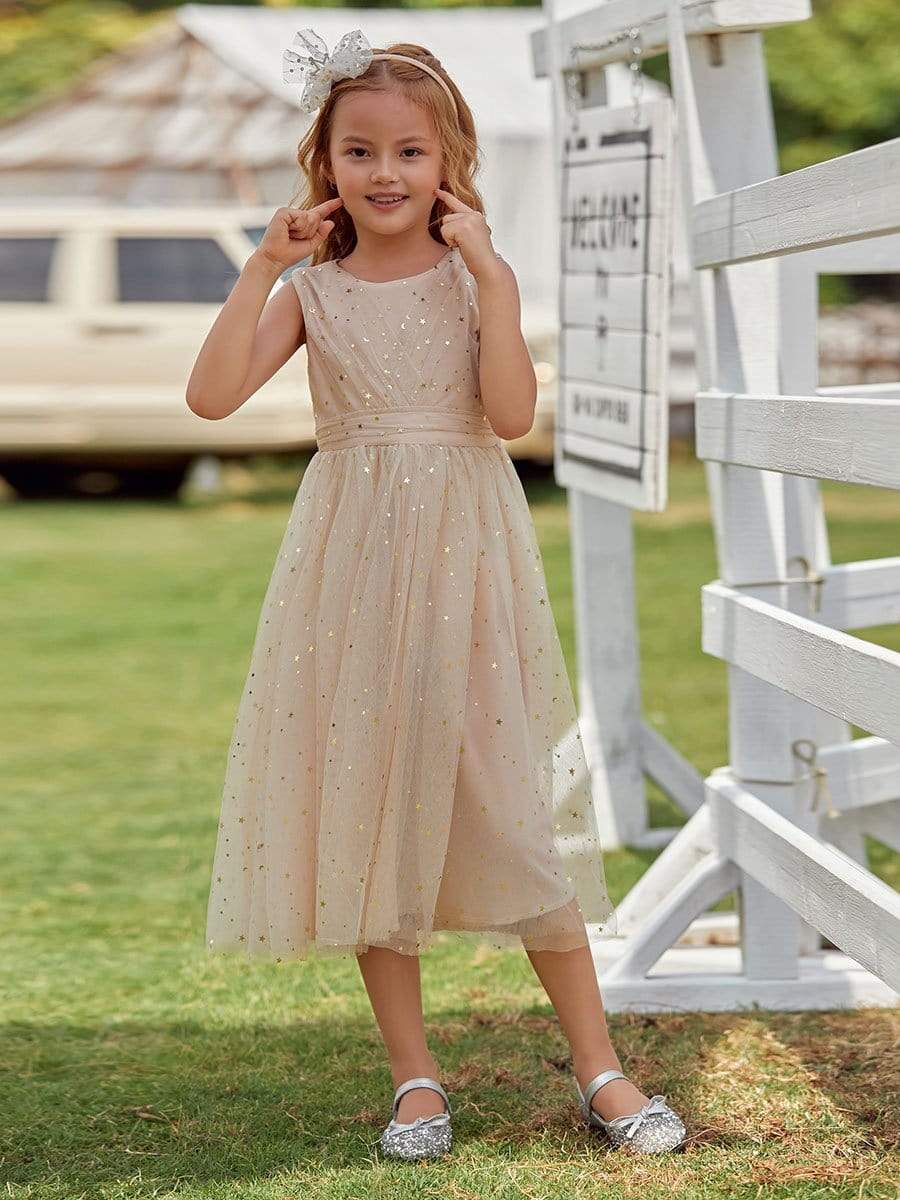 Color=Blush | Sweet Round Neck Sleeveless Tulle & Sequin Flower Girl Dress With Ruched Belt-Blush 3