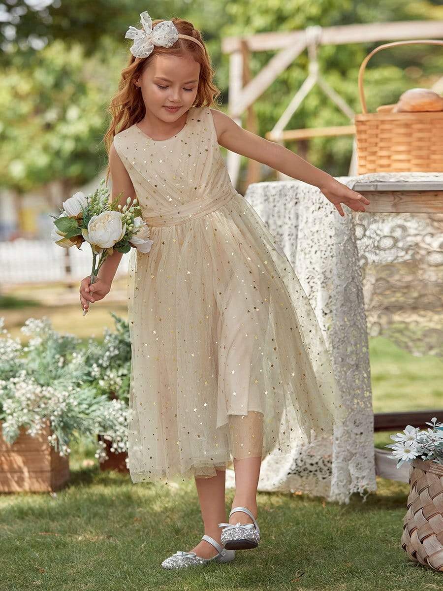 Color=Blush | Sweet Round Neck Sleeveless Tulle & Sequin Flower Girl Dress With Ruched Belt-Blush 4