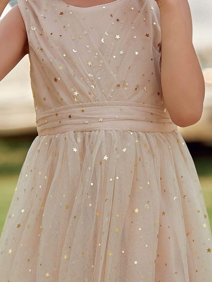 Color=Blush | Sweet Round Neck Sleeveless Tulle & Sequin Flower Girl Dress With Ruched Belt-Blush 5