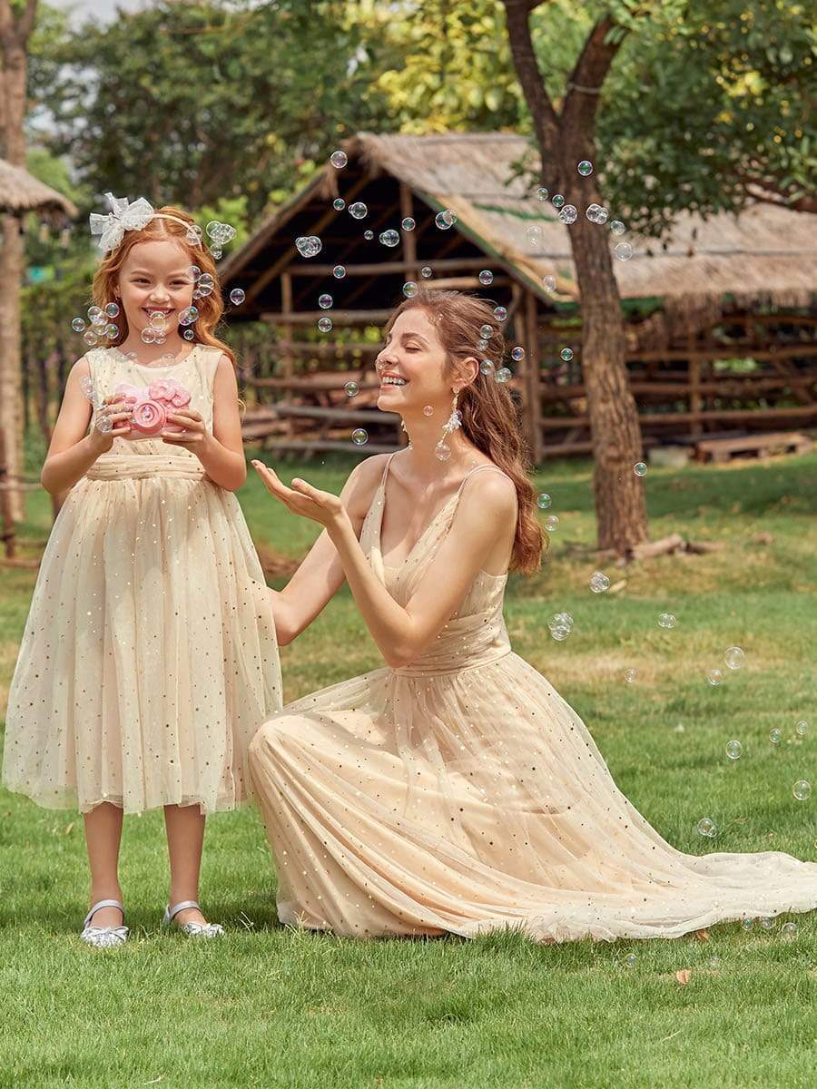 Color=Blush | Sweet Round Neck Sleeveless Tulle & Sequin Flower Girl Dress With Ruched Belt-Blush 6