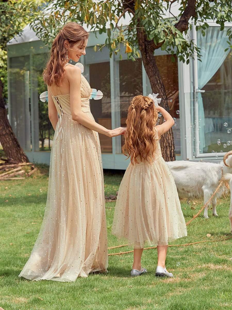 Color=Blush | Sweet Round Neck Sleeveless Tulle & Sequin Flower Girl Dress With Ruched Belt-Blush 7