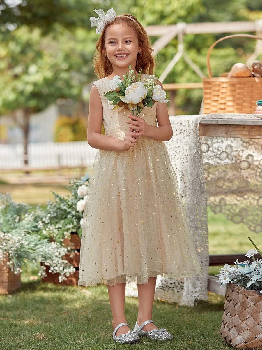 Color=Blush | Sweet Round Neck Sleeveless Tulle & Sequin Flower Girl Dress With Ruched Belt-Blush 1