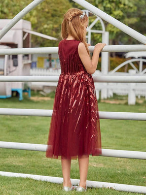 Color=Burgundy | Gorgeous Long Tulle Flower Girl Dress With Sequin Decorations-Burgundy 2
