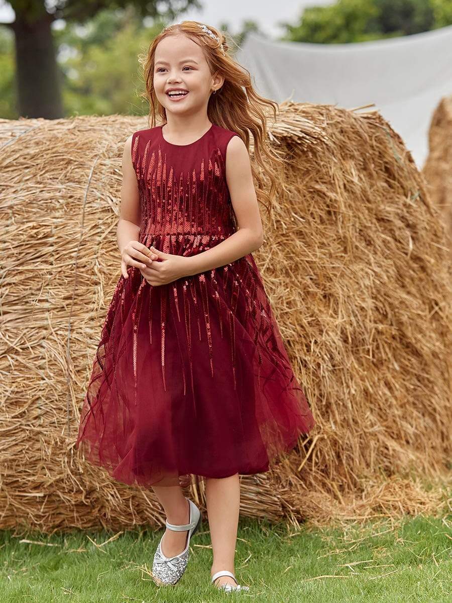 Color=Burgundy | Gorgeous Long Tulle Flower Girl Dress With Sequin Decorations-Burgundy 3