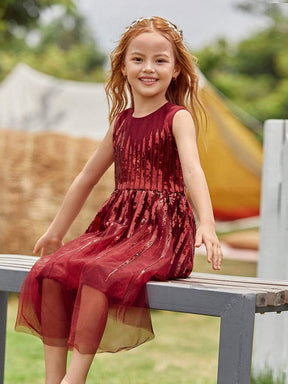 Color=Burgundy | Gorgeous Long Tulle Flower Girl Dress With Sequin Decorations-Burgundy 4
