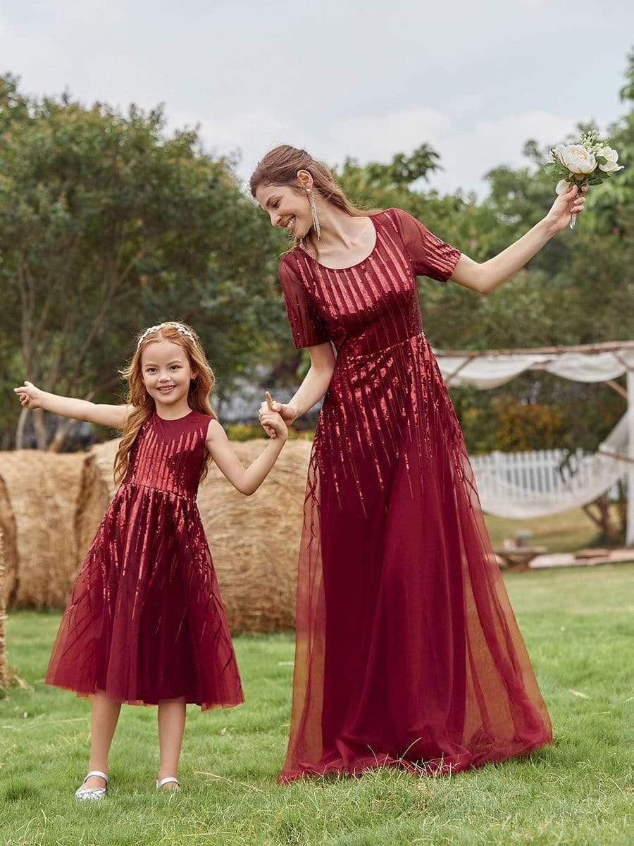 Color=Burgundy | Gorgeous Long Tulle Flower Girl Dress With Sequin Decorations-Burgundy 6