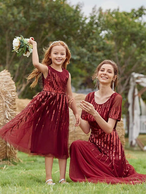 Color=Burgundy | Gorgeous Long Tulle Flower Girl Dress With Sequin Decorations-Burgundy 7