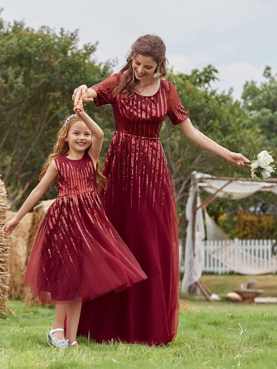Color=Burgundy | Gorgeous Long Tulle Flower Girl Dress With Sequin Decorations-Burgundy 8