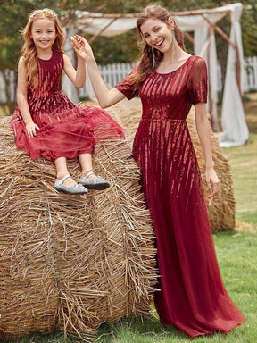 Color=Burgundy | Gorgeous Long Tulle Flower Girl Dress With Sequin Decorations-Burgundy 9