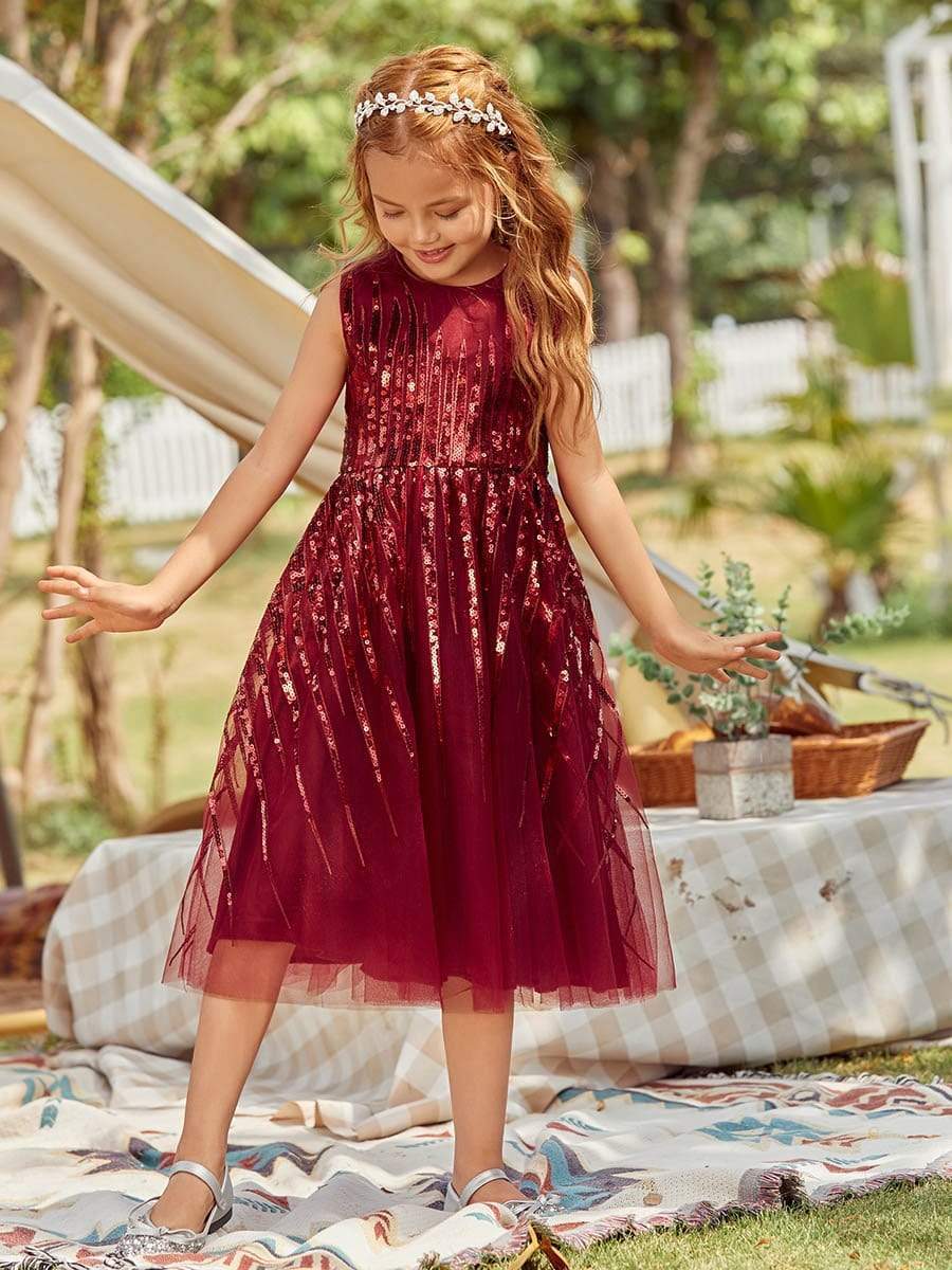 Color=Burgundy | Gorgeous Long Tulle Flower Girl Dress With Sequin Decorations-Burgundy 1