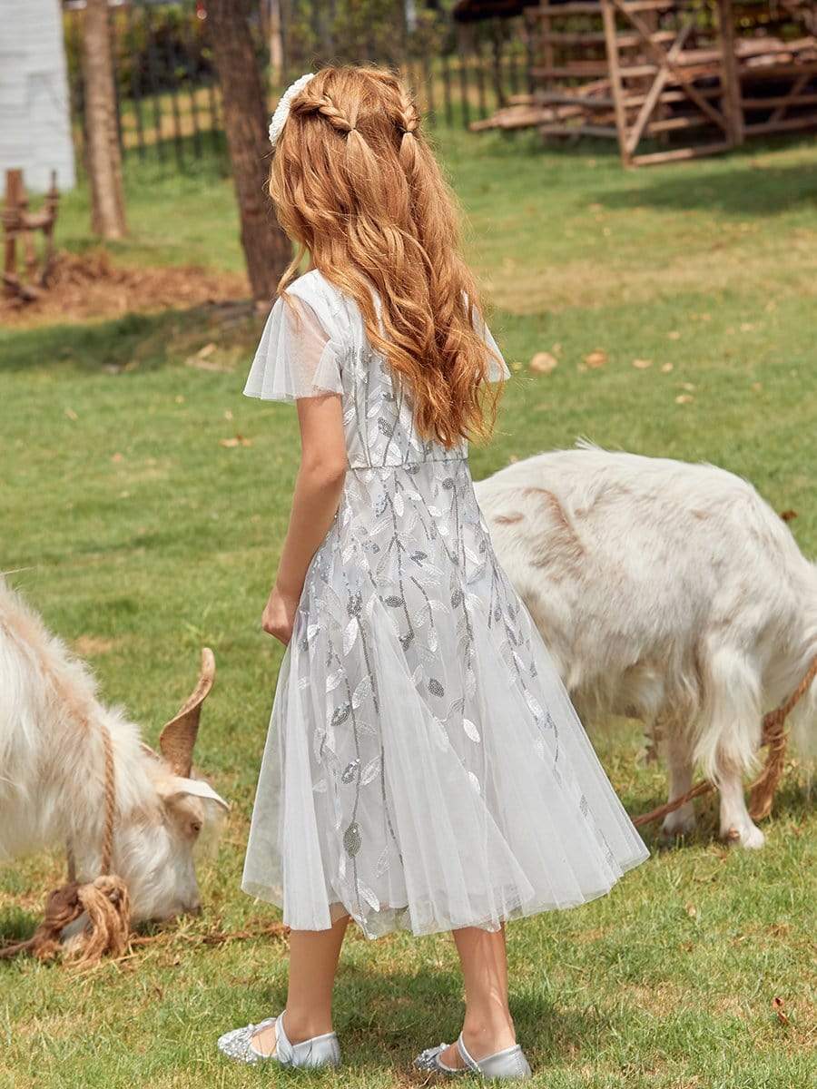 Color=White | Fancy Round Neck Tulle Flower Girl Dress With Sequin-White 2