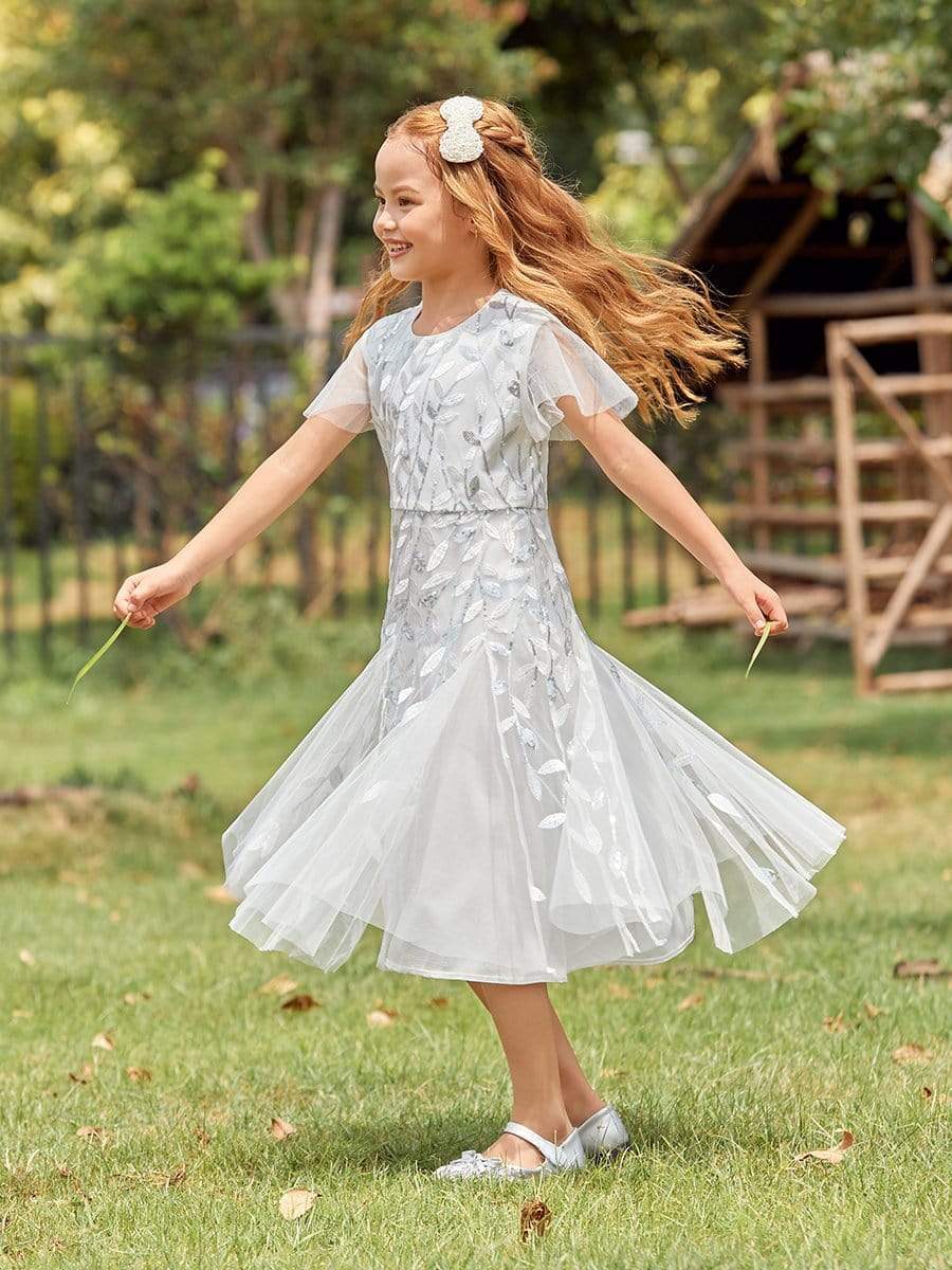 Color=White | Fancy Round Neck Tulle Flower Girl Dress With Sequin-White 3