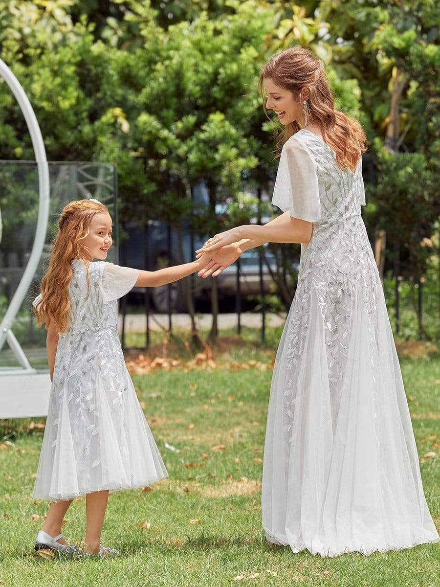 Color=White | Fancy Round Neck Tulle Flower Girl Dress With Sequin-White 7