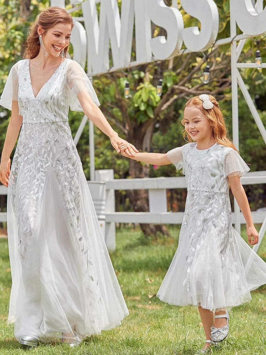 Color=White | Fancy Round Neck Tulle Flower Girl Dress With Sequin-White 9
