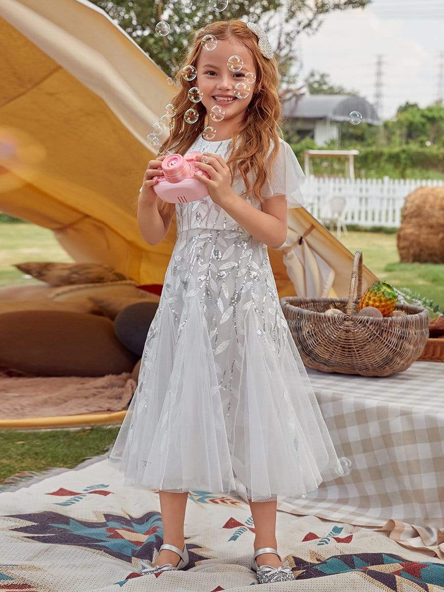 Color=White | Fancy Round Neck Tulle Flower Girl Dress With Sequin-White 1