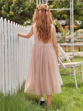 Color=Blush | Fancy Long A-Line Tulle Flower Girl Dress With Appliques-Blush 2