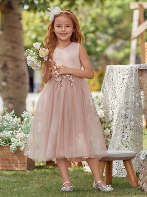 Color=Blush | Fancy Long A-Line Tulle Flower Girl Dress With Appliques-Blush 3