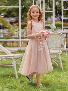 Color=Blush | Fancy Long A-Line Tulle Flower Girl Dress With Appliques-Blush 1
