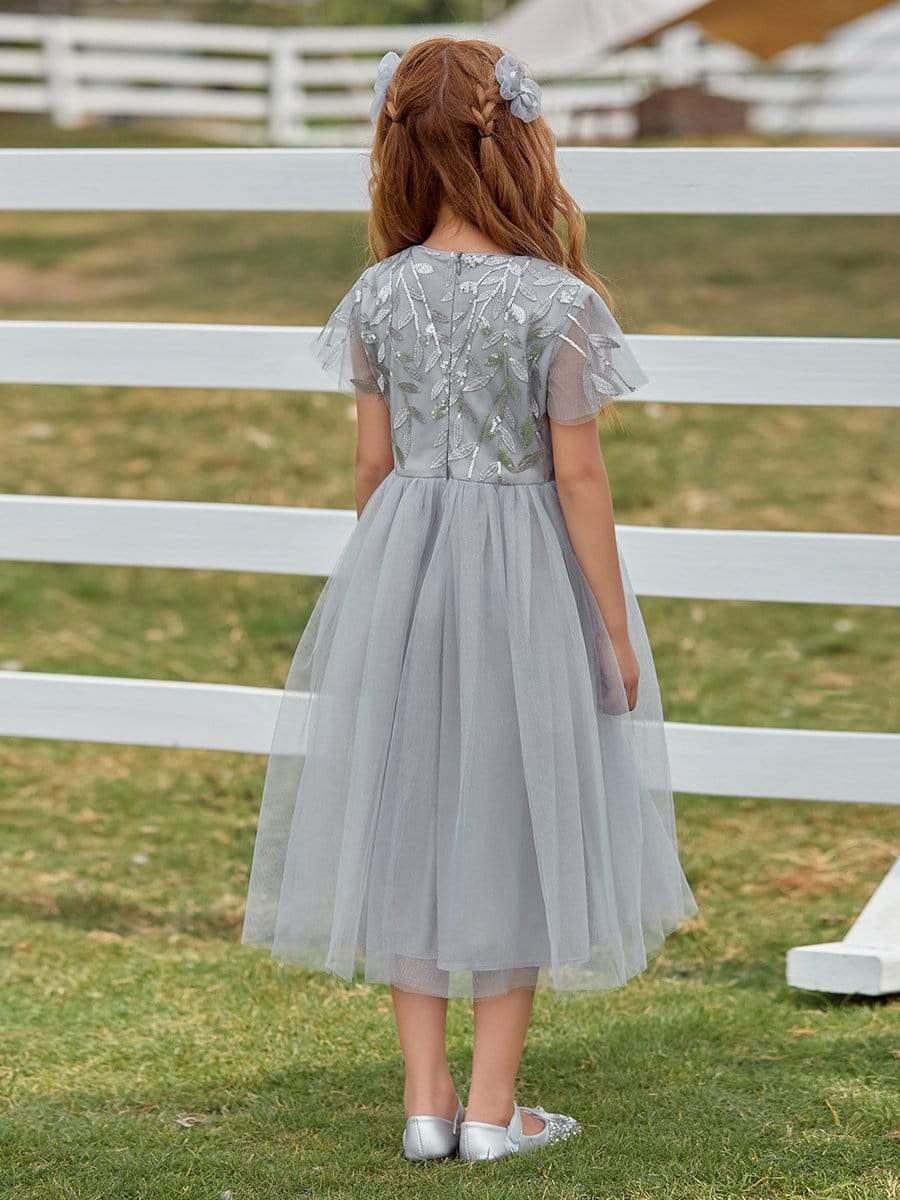 Color=Grey | Cute A-Line Round Neck Tulle Flower Girl Dress With Sequin-Grey 3