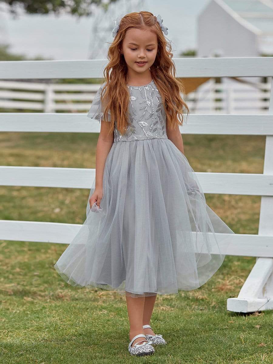 Color=Grey | Cute A-Line Round Neck Tulle Flower Girl Dress With Sequin-Grey 4