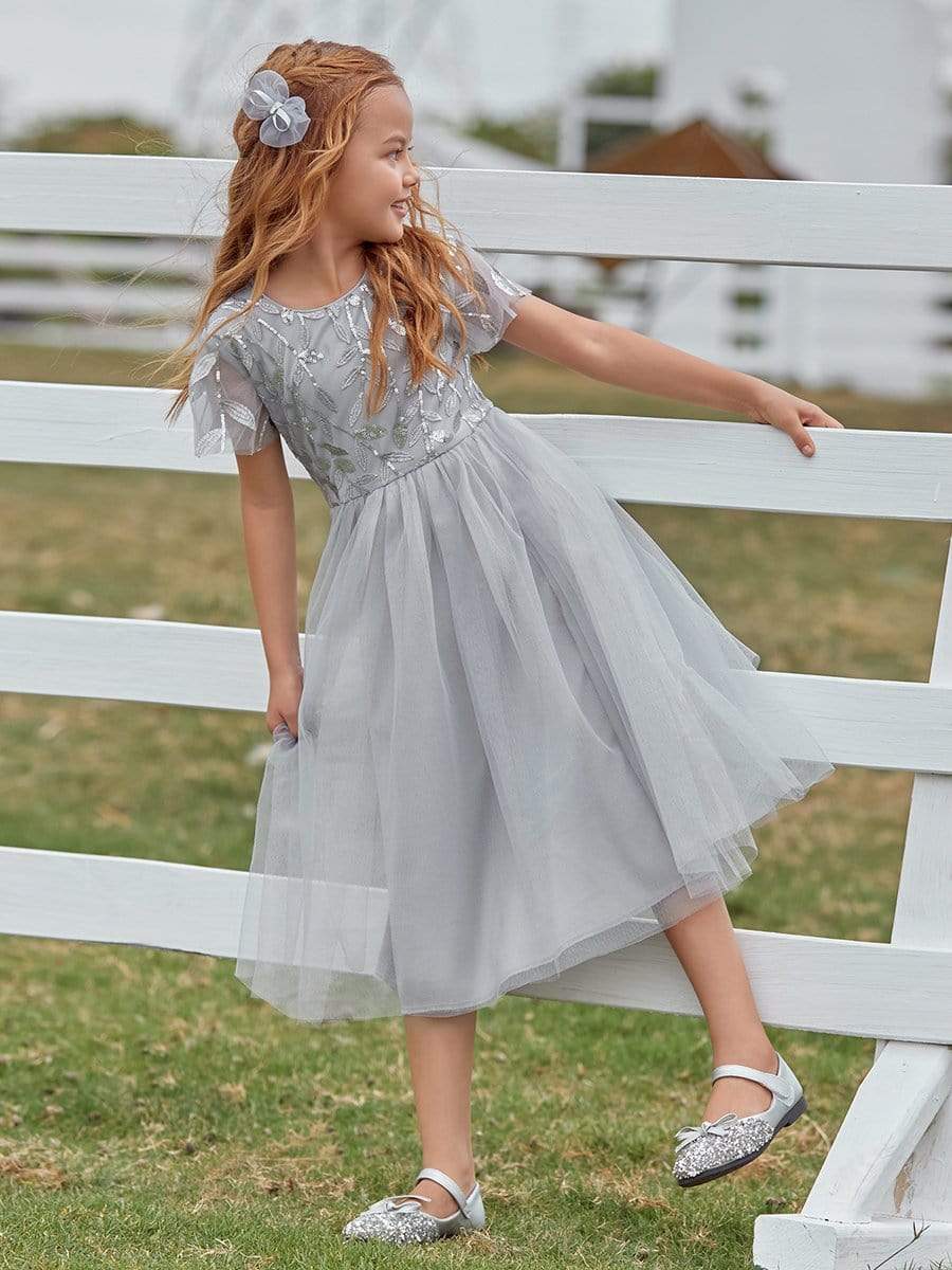 Color=Grey | Cute A-Line Round Neck Tulle Flower Girl Dress With Sequin-Grey 1