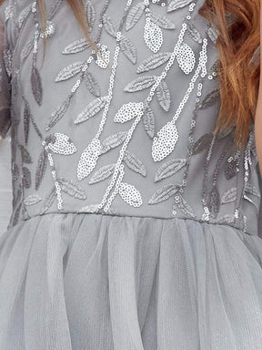 Color=Grey | Cute A-Line Round Neck Tulle Flower Girl Dress With Sequin-Grey 5