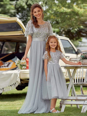 Color=Grey | Cute A-Line Round Neck Tulle Flower Girl Dress With Sequin-Grey 6