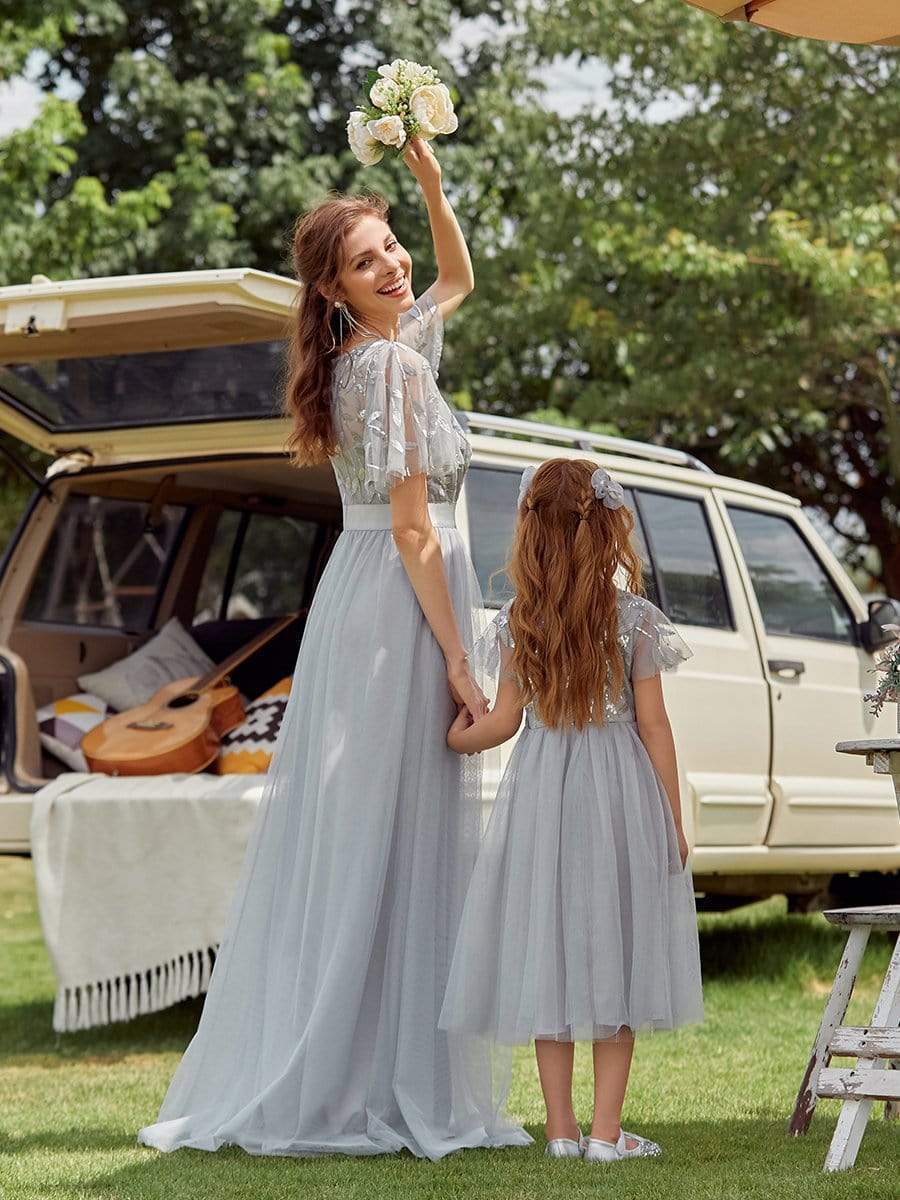 Color=Grey | Cute A-Line Round Neck Tulle Flower Girl Dress With Sequin-Grey 7