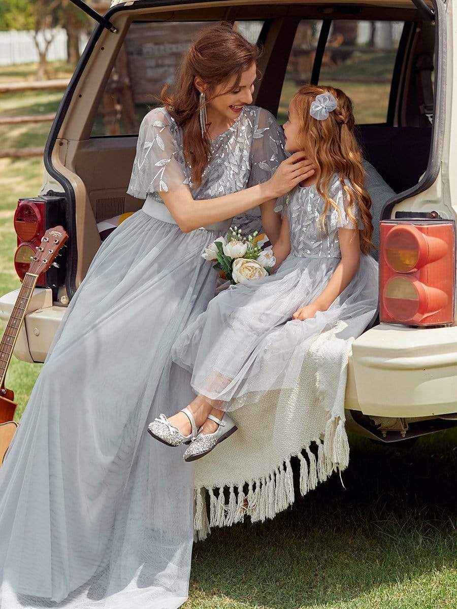 Color=Grey | Cute A-Line Round Neck Tulle Flower Girl Dress With Sequin-Grey 8
