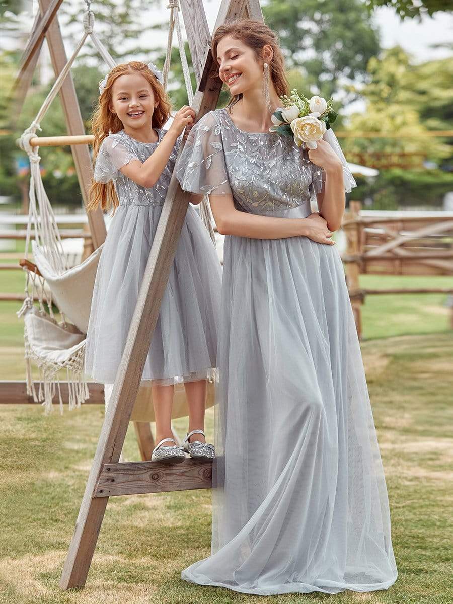 Color=Grey | Cute A-Line Round Neck Tulle Flower Girl Dress With Sequin-Grey 9