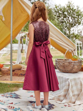 Color=Burgundy | Adorable Bow-Tie Long A-Line Flower Girl Dress With Sequin-Burgundy 2