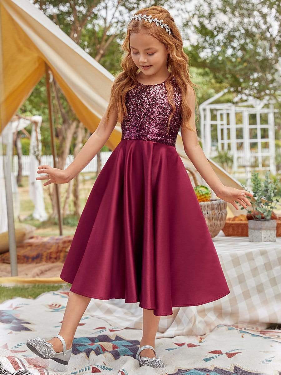 Color=Burgundy | Adorable Bow-Tie Long A-Line Flower Girl Dress With Sequin-Burgundy 3