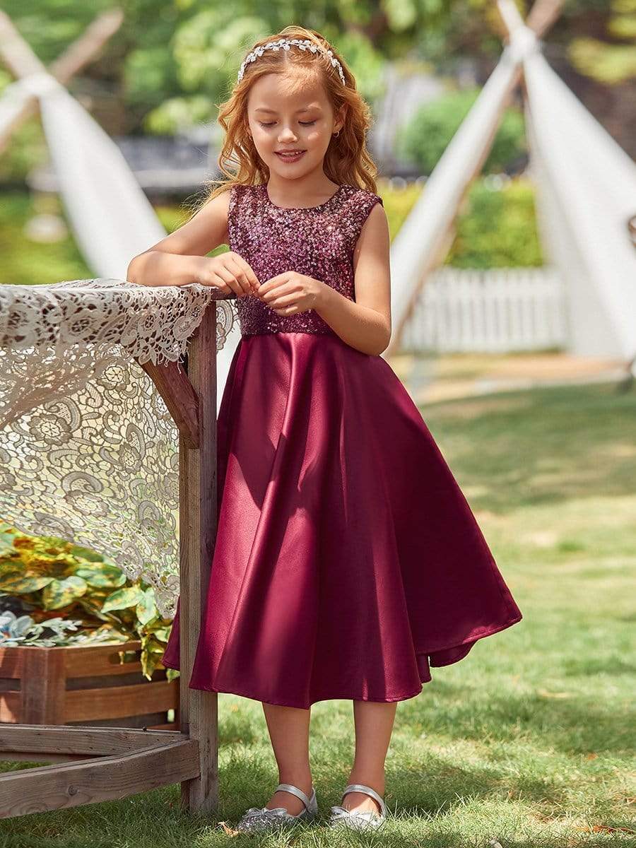 Color=Burgundy | Adorable Bow-Tie Long A-Line Flower Girl Dress With Sequin-Burgundy 4