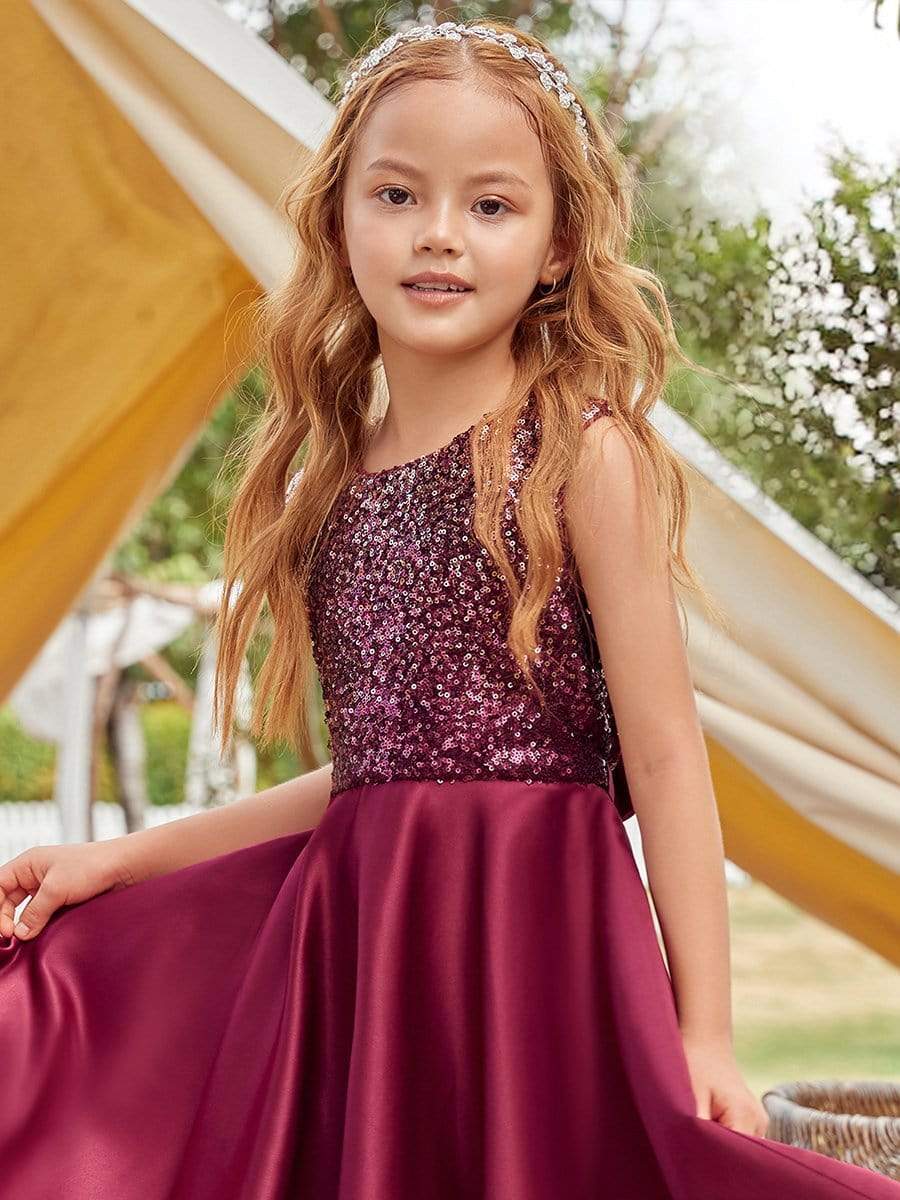 Color=Burgundy | Adorable Bow-Tie Long A-Line Flower Girl Dress With Sequin-Burgundy 5