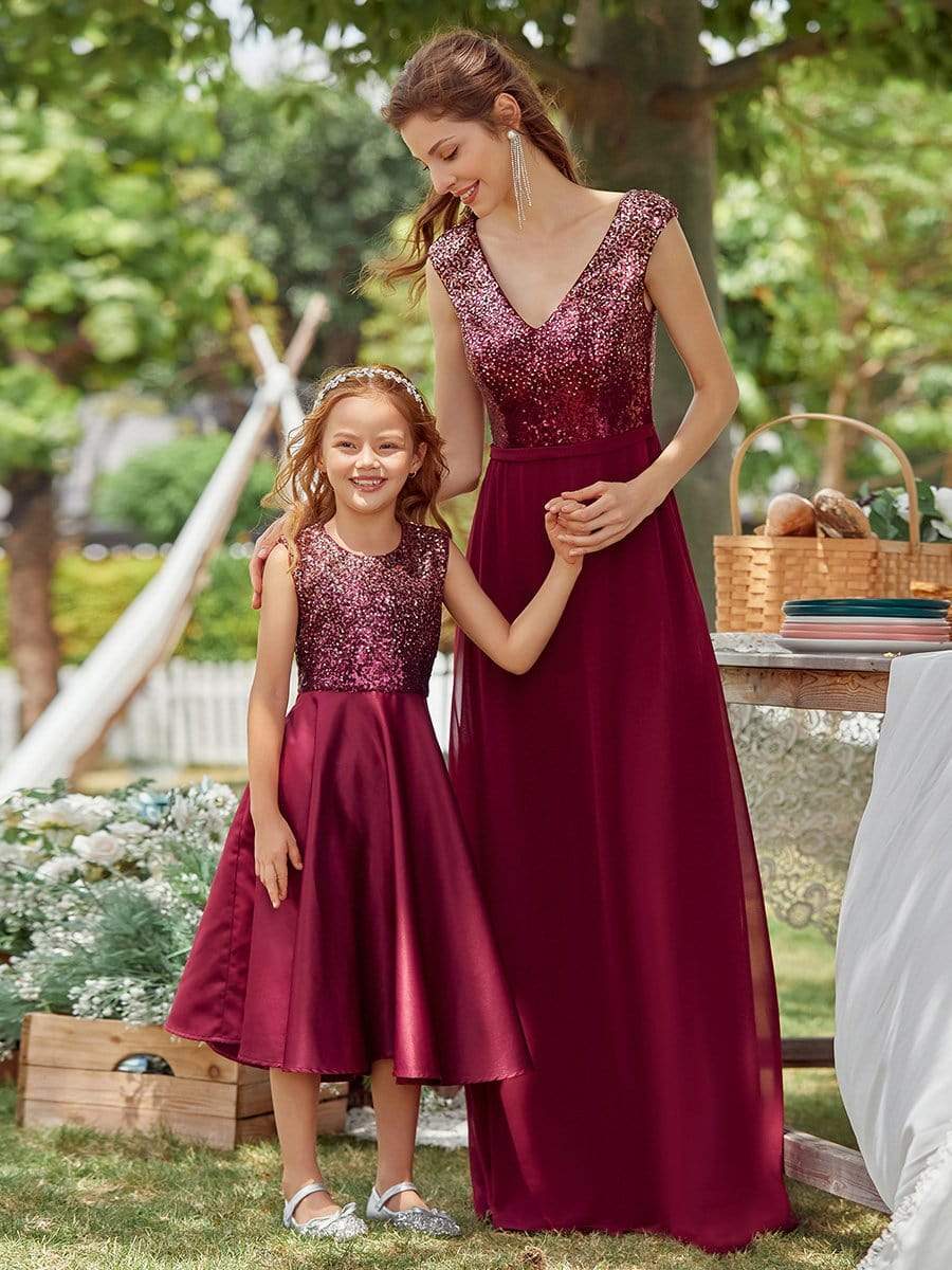 Color=Burgundy | Adorable Bow-Tie Long A-Line Flower Girl Dress With Sequin-Burgundy 6