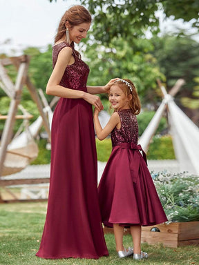 Color=Burgundy | Adorable Bow-Tie Long A-Line Flower Girl Dress With Sequin-Burgundy 7