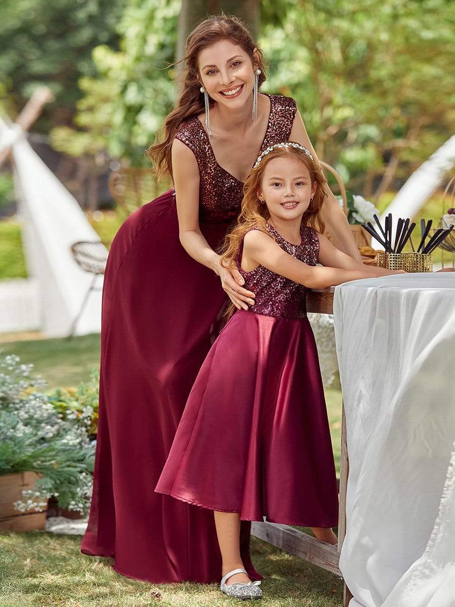 Color=Burgundy | Adorable Bow-Tie Long A-Line Flower Girl Dress With Sequin-Burgundy 8