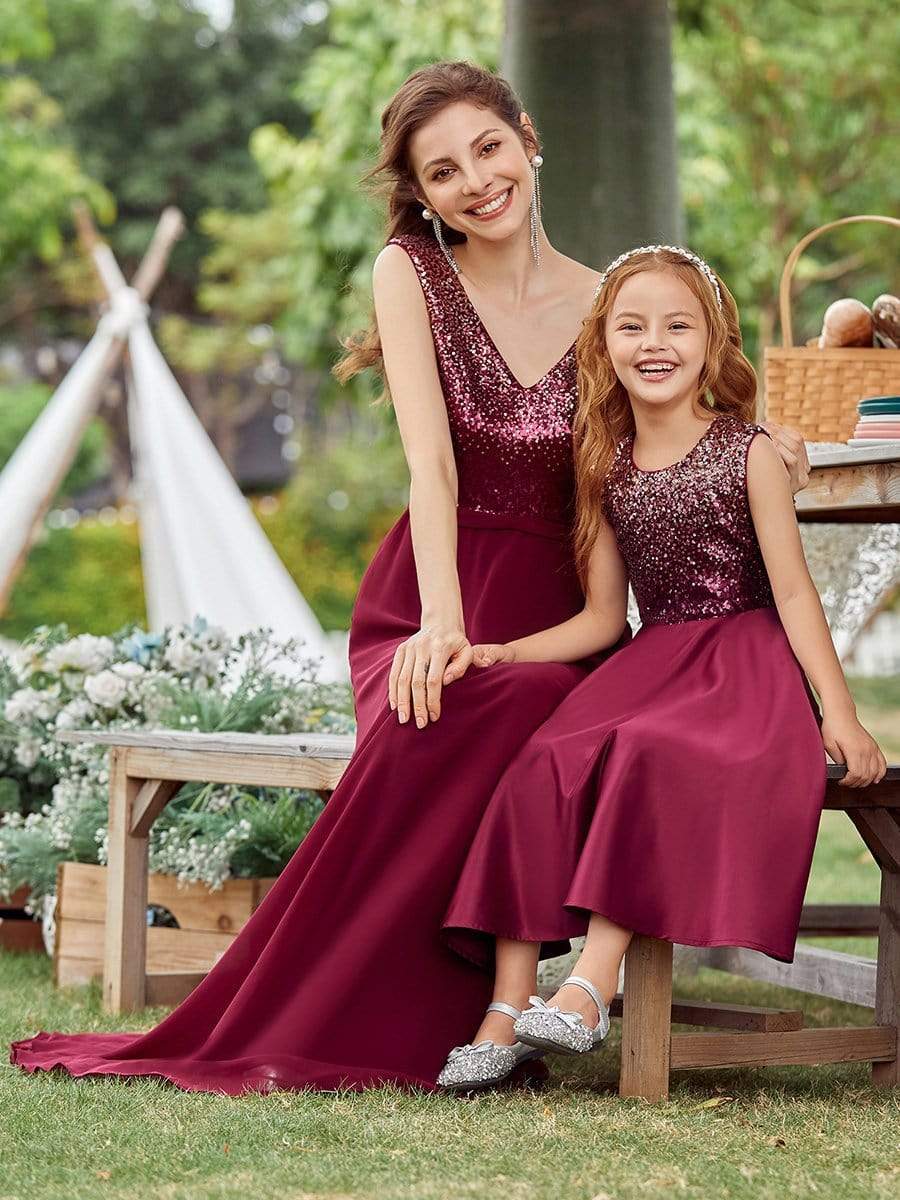Color=Burgundy | Adorable Bow-Tie Long A-Line Flower Girl Dress With Sequin-Burgundy 9