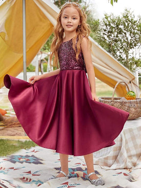 Color=Burgundy | Adorable Bow-Tie Long A-Line Flower Girl Dress With Sequin-Burgundy 1