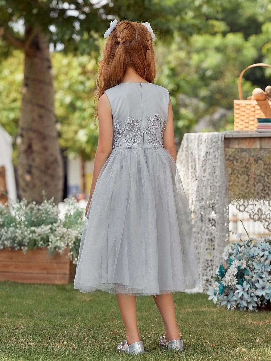 Color=Grey | Lovely A-Line Tulle Floral Appliqued Flower Girl Dress For Wedding-Grey 3