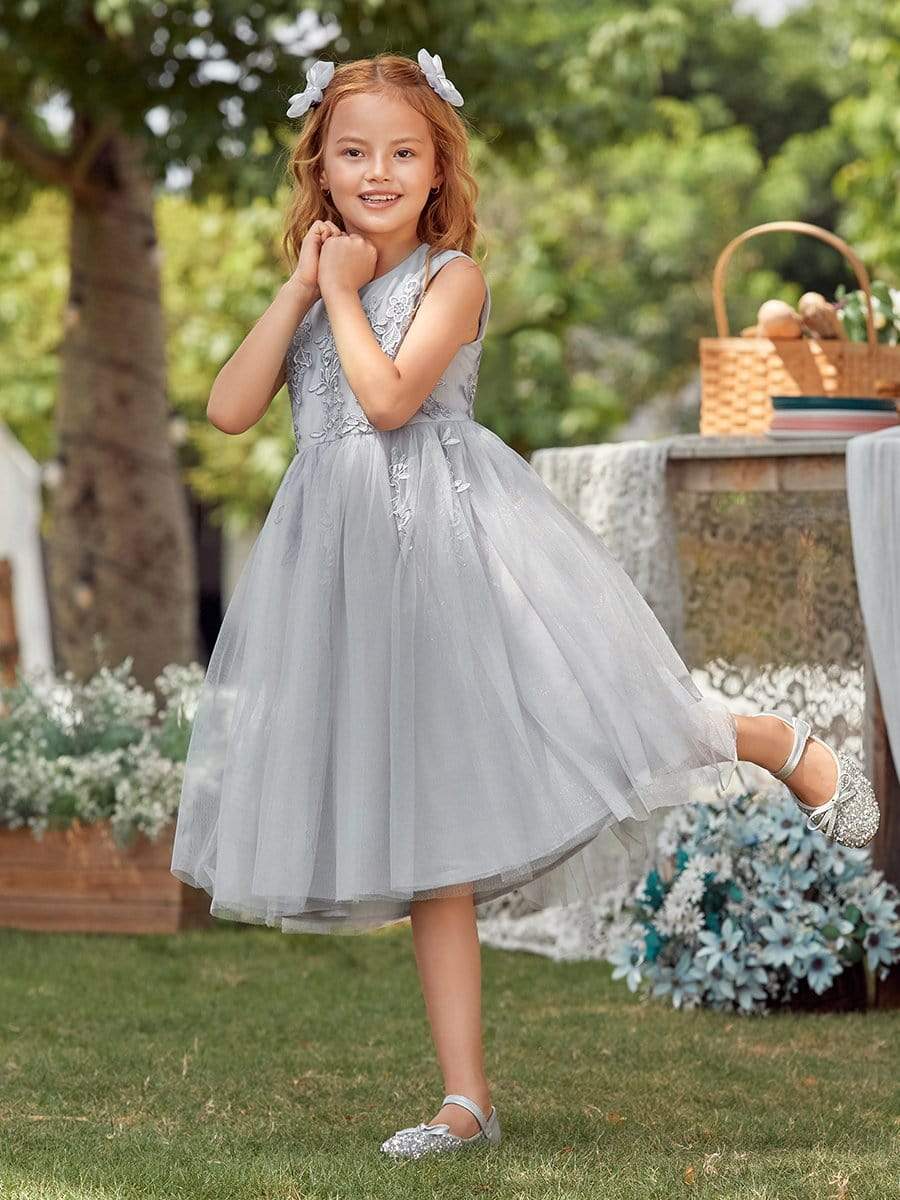 grey dress with flowers Grey Tulle A-line V neck Long Prom Dresses With Flowers Evening Dresses, MP253