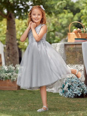 Color=Grey | Lovely A-Line Tulle Floral Appliqued Flower Girl Dress For Wedding-Grey 1