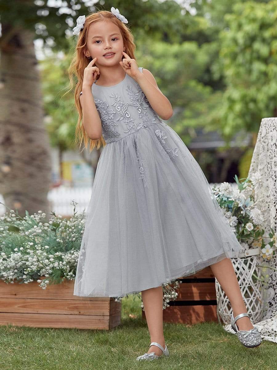 Color=Grey | Lovely A-Line Tulle Floral Appliqued Flower Girl Dress For Wedding-Grey 4
