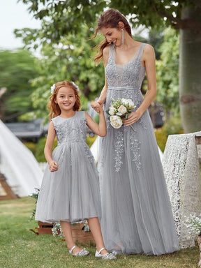 Color=Grey | Lovely A-Line Tulle Floral Appliqued Flower Girl Dress For Wedding-Grey 6