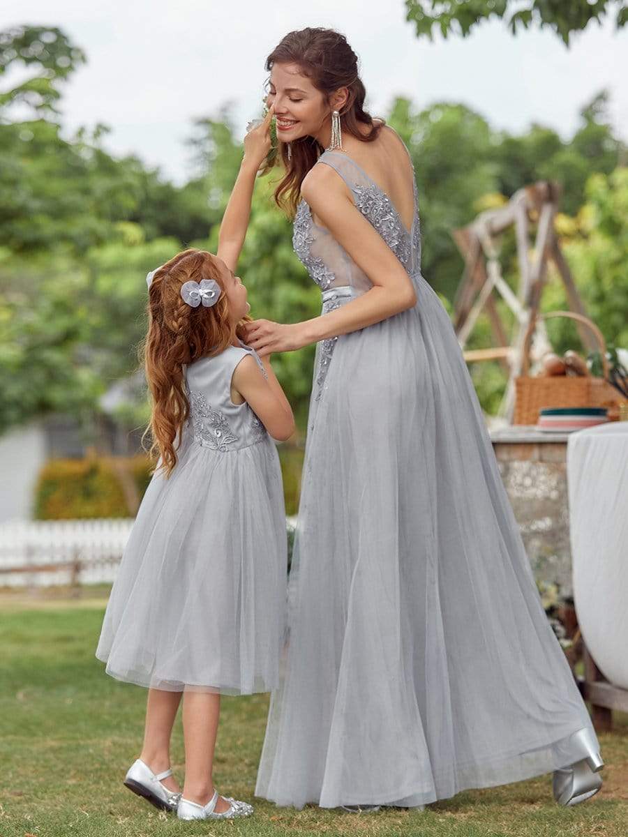 Color=Grey | Lovely A-Line Tulle Floral Appliqued Flower Girl Dress For Wedding-Grey 7