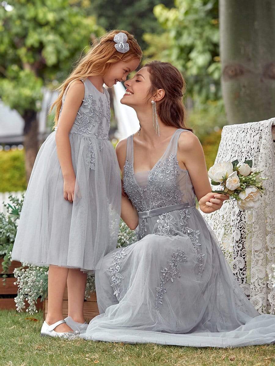 Color=Grey | Lovely A-Line Tulle Floral Appliqued Flower Girl Dress For Wedding-Grey 8