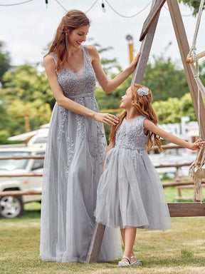 Color=Grey | Lovely A-Line Tulle Floral Appliqued Flower Girl Dress For Wedding-Grey 9