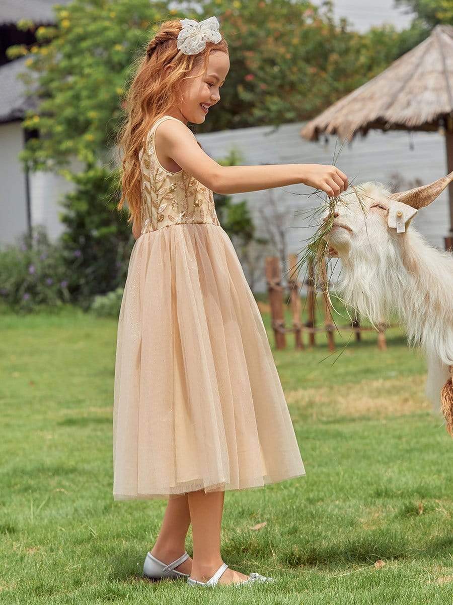 Color=Gold | Dainty Sleeveless Tulle Flower Girl Dress For Wedding With Sequin-Gold 3